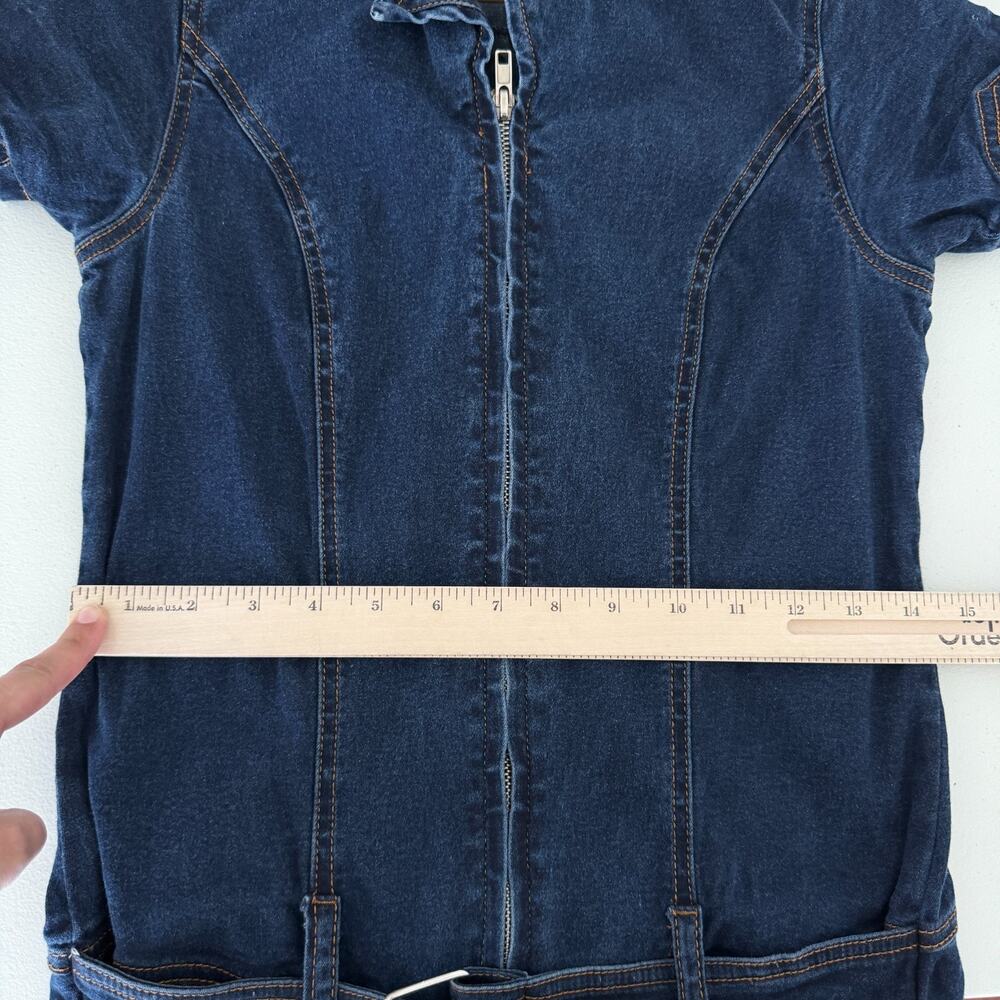 Vintage Y2K Denim Jumpsuit Medium Flare Low Rise Belted Zip Front Britney JLo - Picture 12 of 12